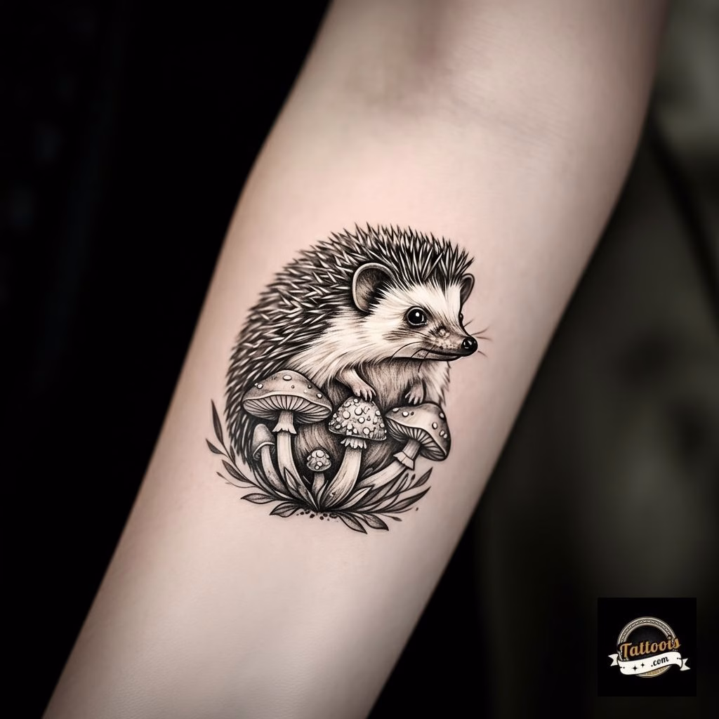 Hedgehog with Mushrooms Tattoo