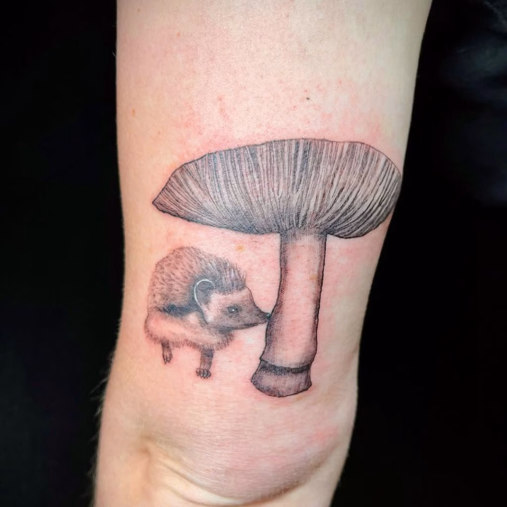Best Hedgehog with Mushrooms Tattoo