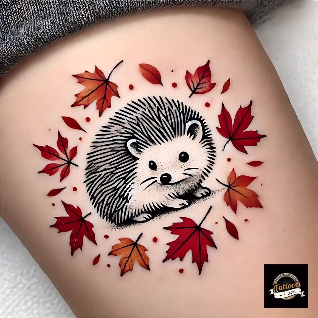 Hedgehog with Autumn Leaves Tattoo