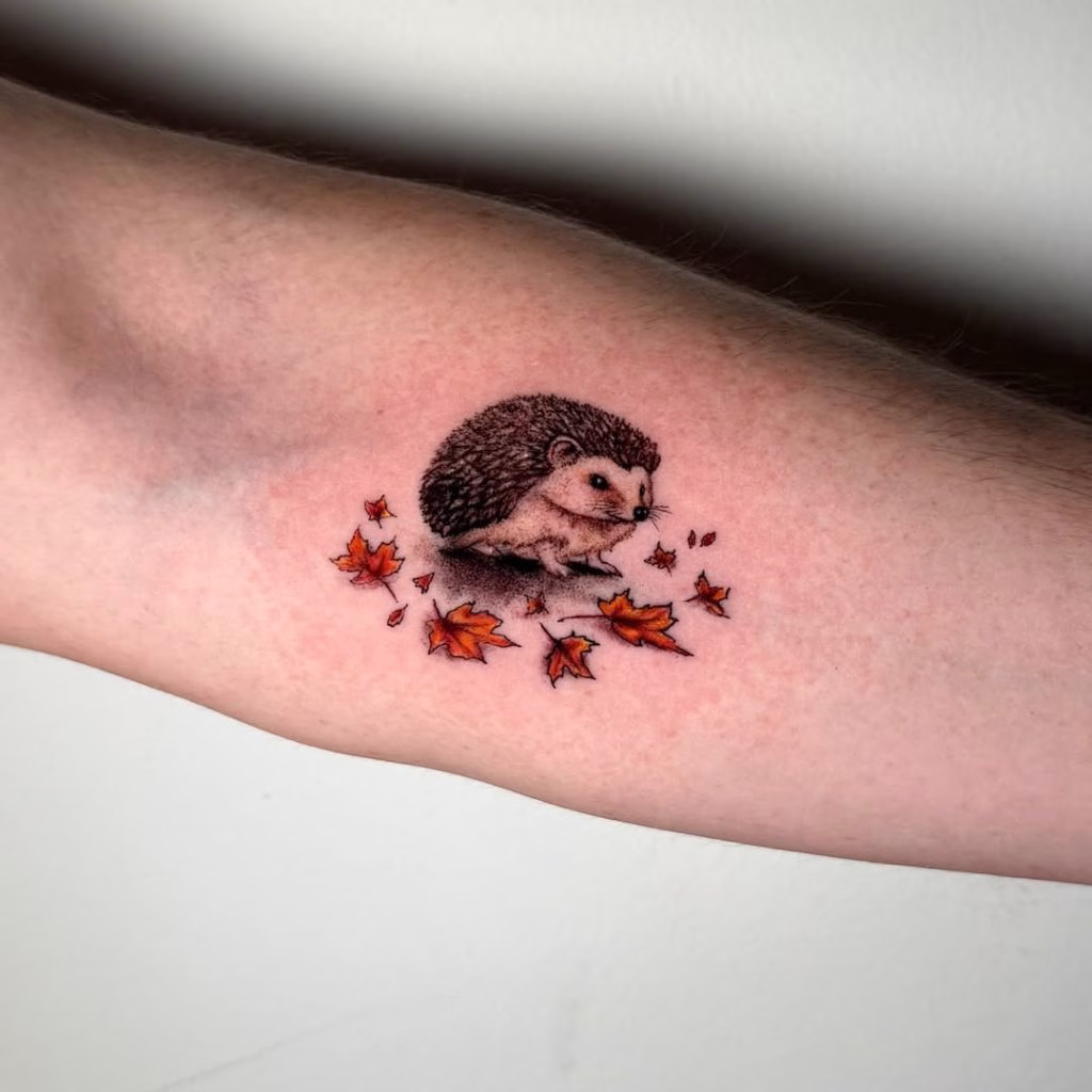 Small Hedgehog with Autumn Leaves Tattoo Idea